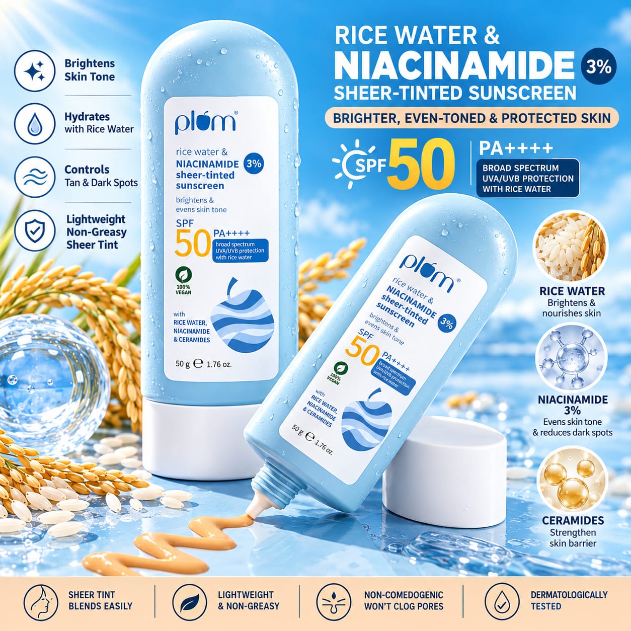 Plum Rice Water & Niacinamide Sheer- Tinted Sunscreen 50gm