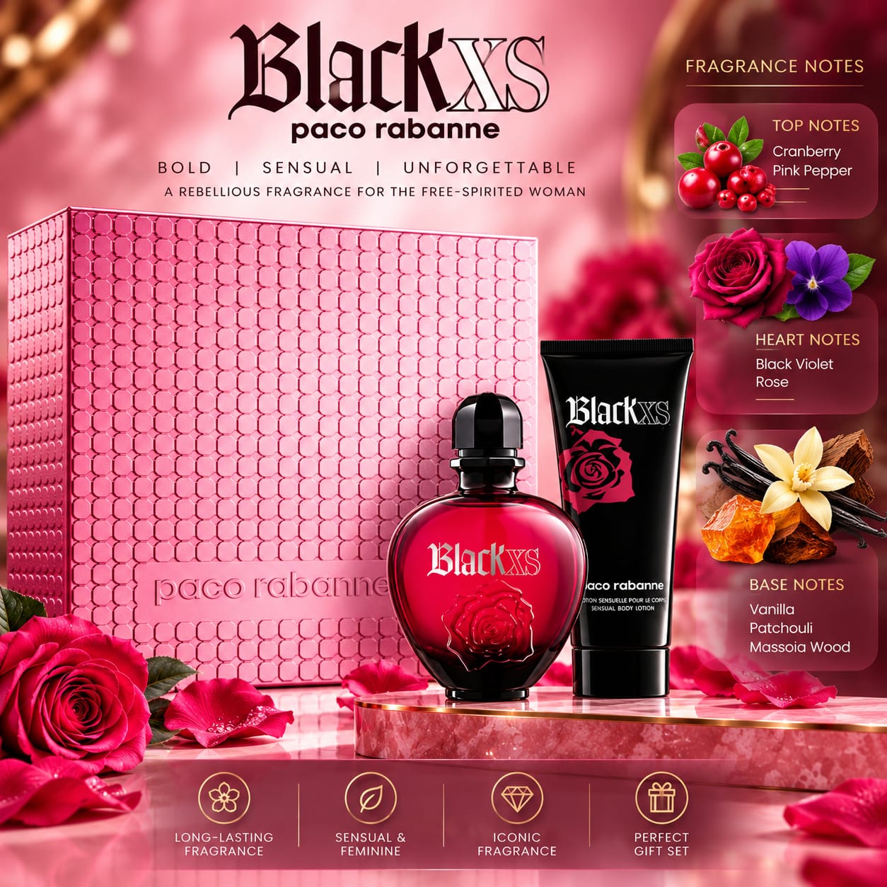 Paco Rabanne Black Xs Gift Set For Women 80ml Perfume + 100ml Body Lotion