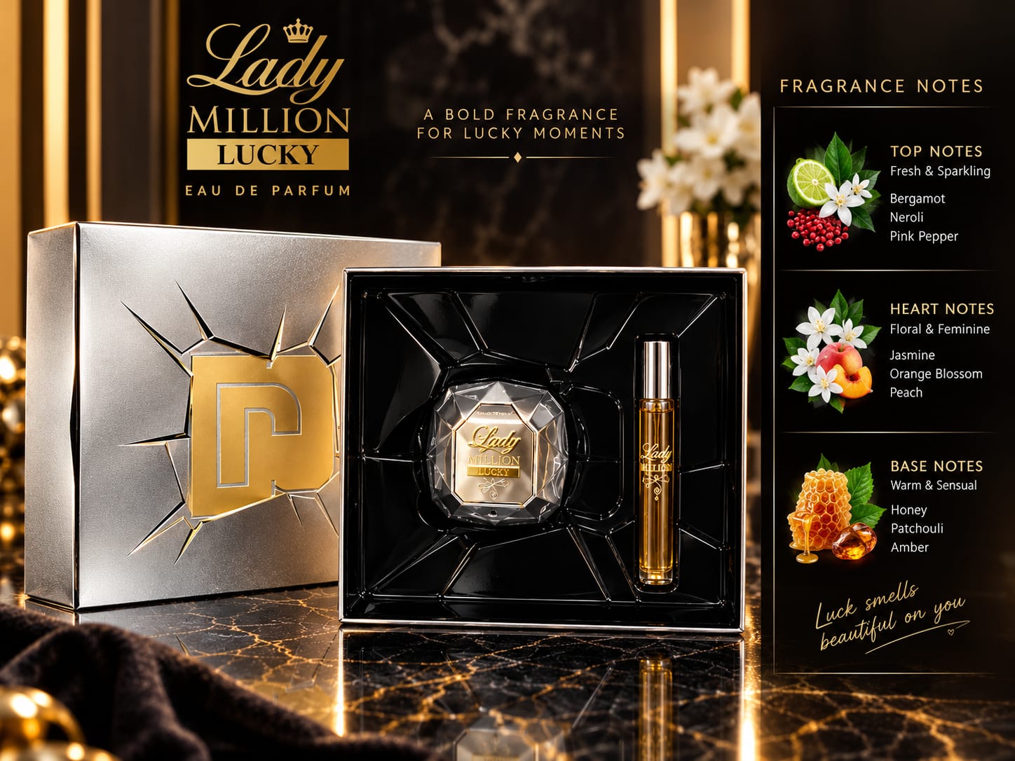 Paco Rabanne Lady Million Lucky Gift Set For Women 80ml Perfume + 10ml Travel Spray