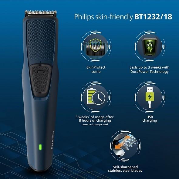 Philips Battery Powered Skin Protect Beard Trimmer for Men  | BT1230/18 Beard Trimmer | Trimmer 30 min  Runtime 2 Length Settings