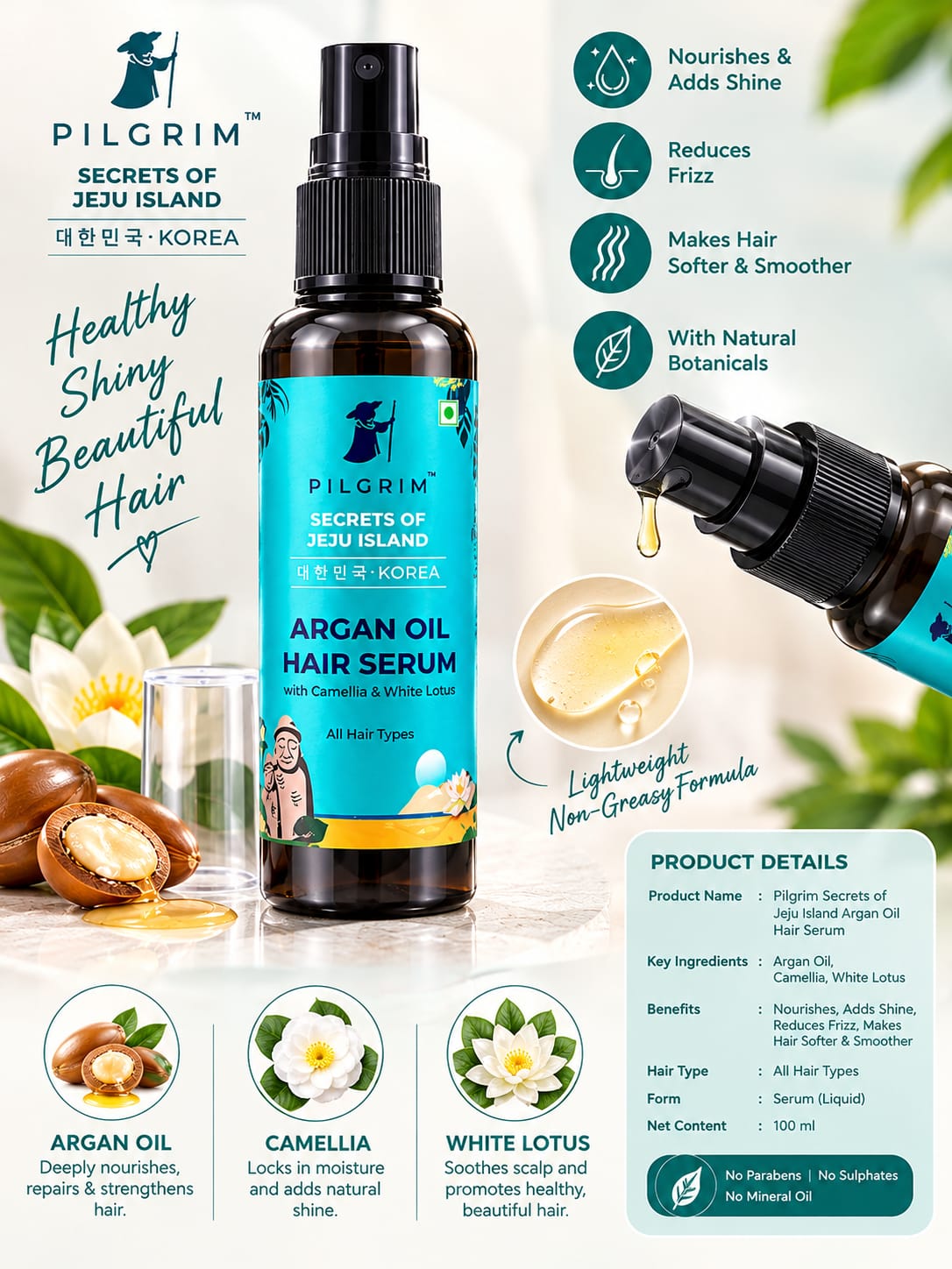 Pilgrim Secrets Of Jeju Island  Argan Oil Hair Serum