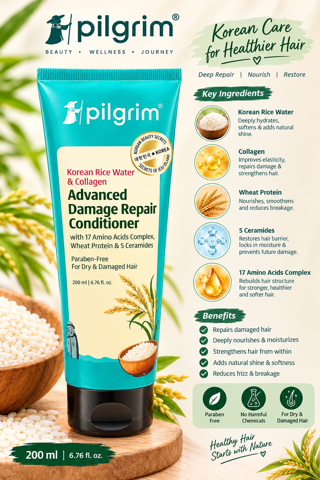 Pilgrim Korean Rice Water & Collagen Advanced Damage Repair Conditioner 200ml