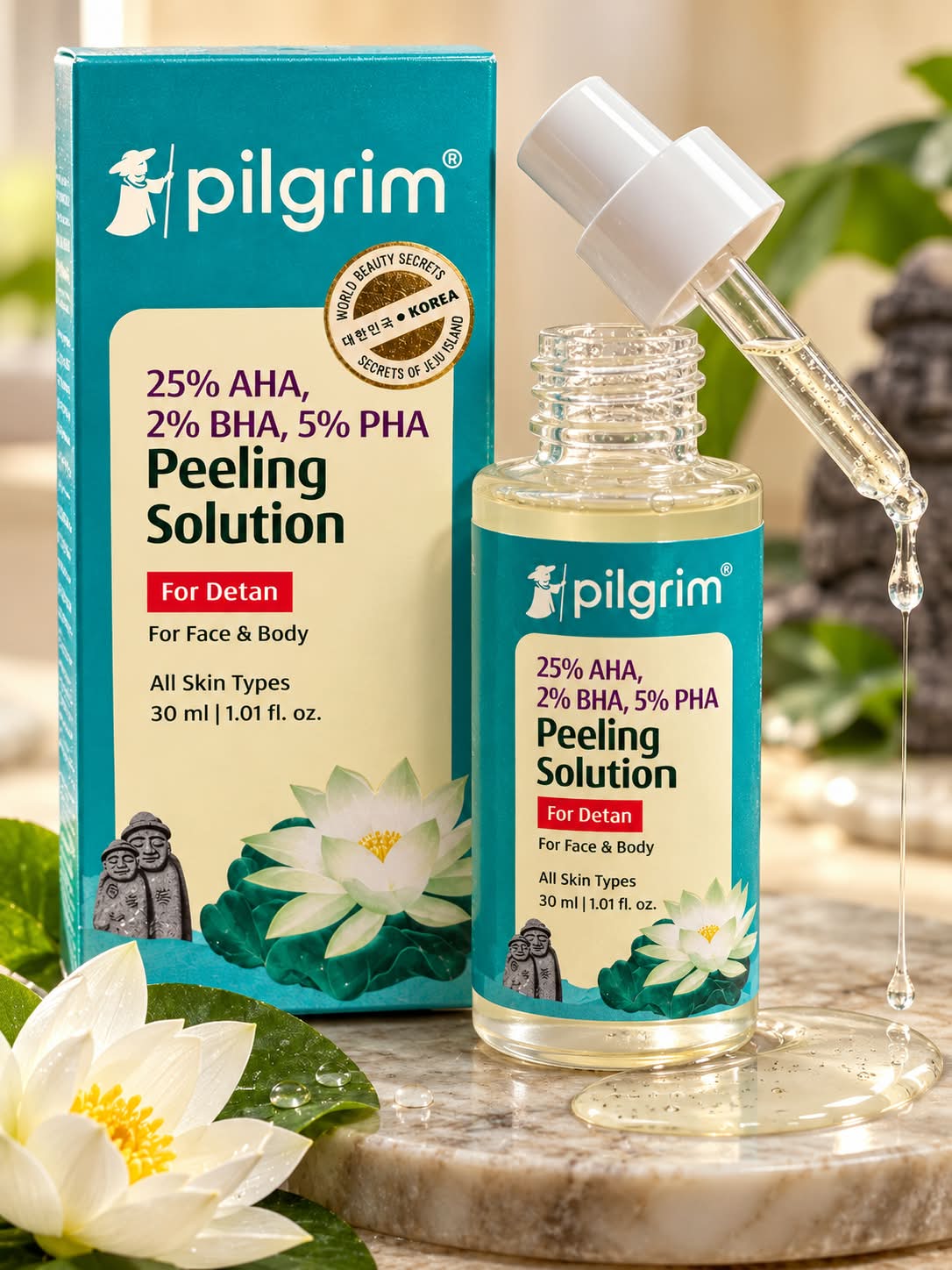 Pilgrim 25%AHA , 2% BHA , 5% PHA Peeling Solution For Detan  30 ML