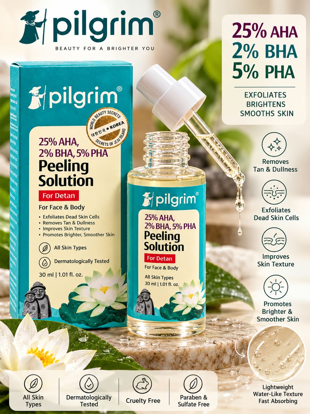Pilgrim 25%AHA , 2% BHA , 5% PHA Peeling Solution For Detan  30 ML