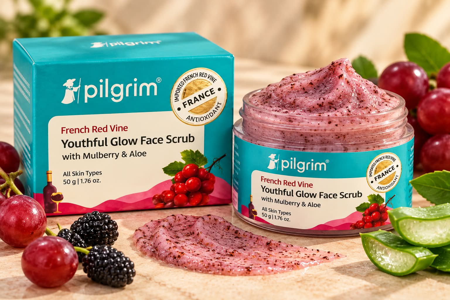 Pilgrim French Red Vine Youthful Glow Face Scrub 50g