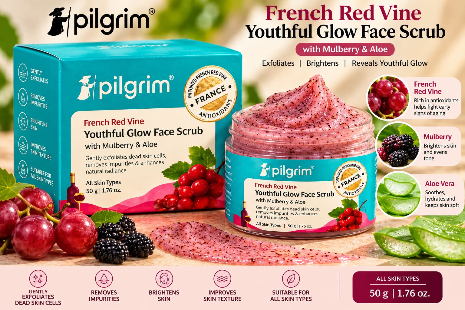 Pilgrim French Red Vine Youthful Glow Face Scrub 50g