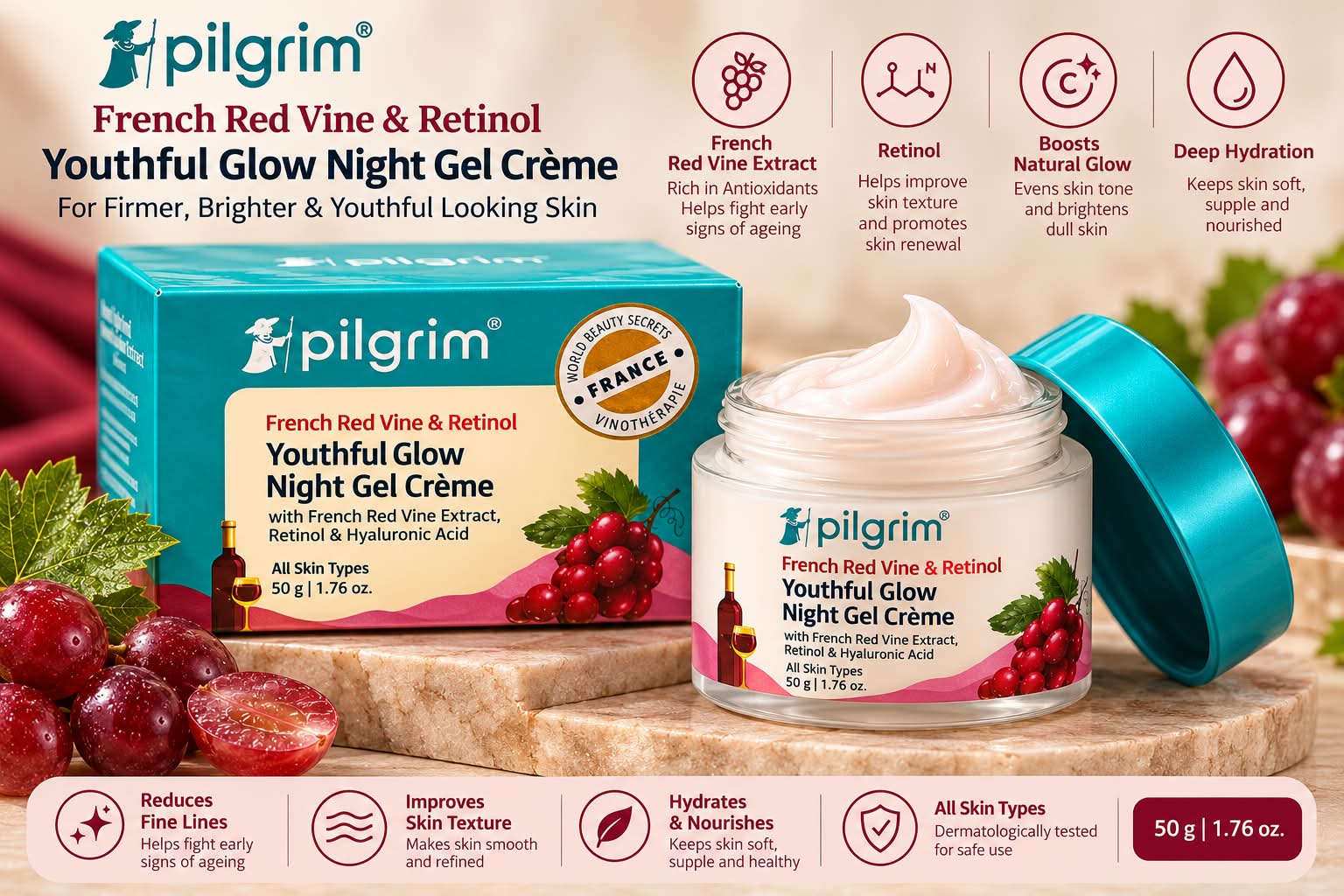 Pilgrim French Red Vine & Retinol Youthful Glow Night Gel Creme