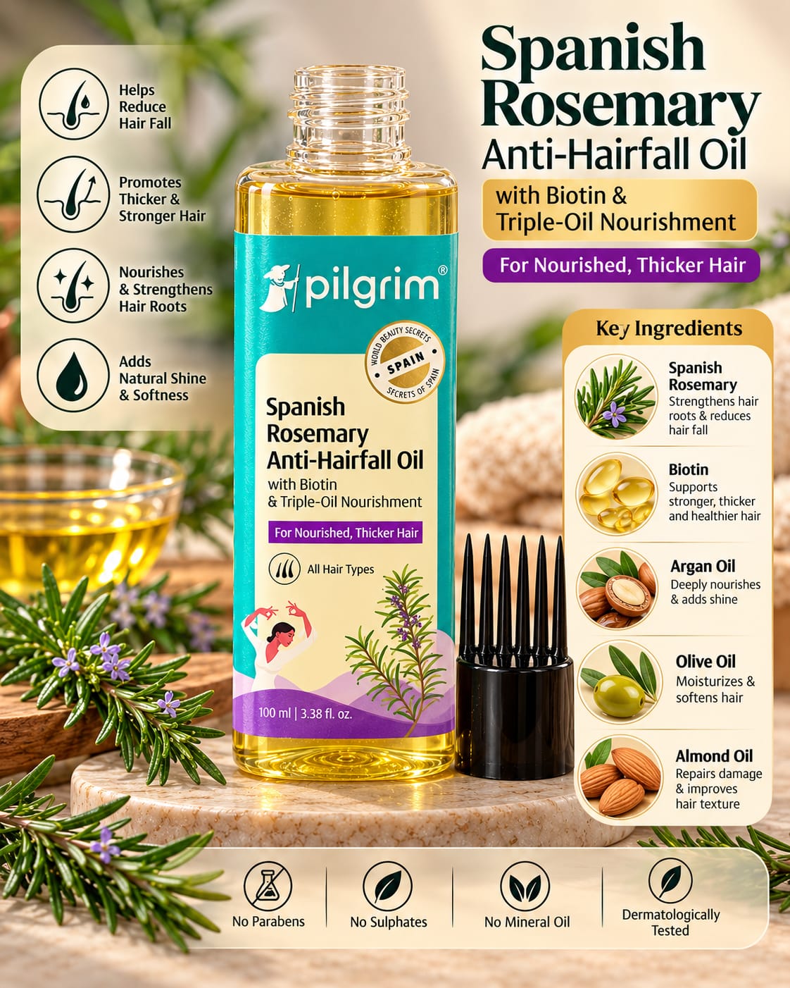 Pilgrim Spanish Rosemary Anti-Hairfall Hair Oil 100ml