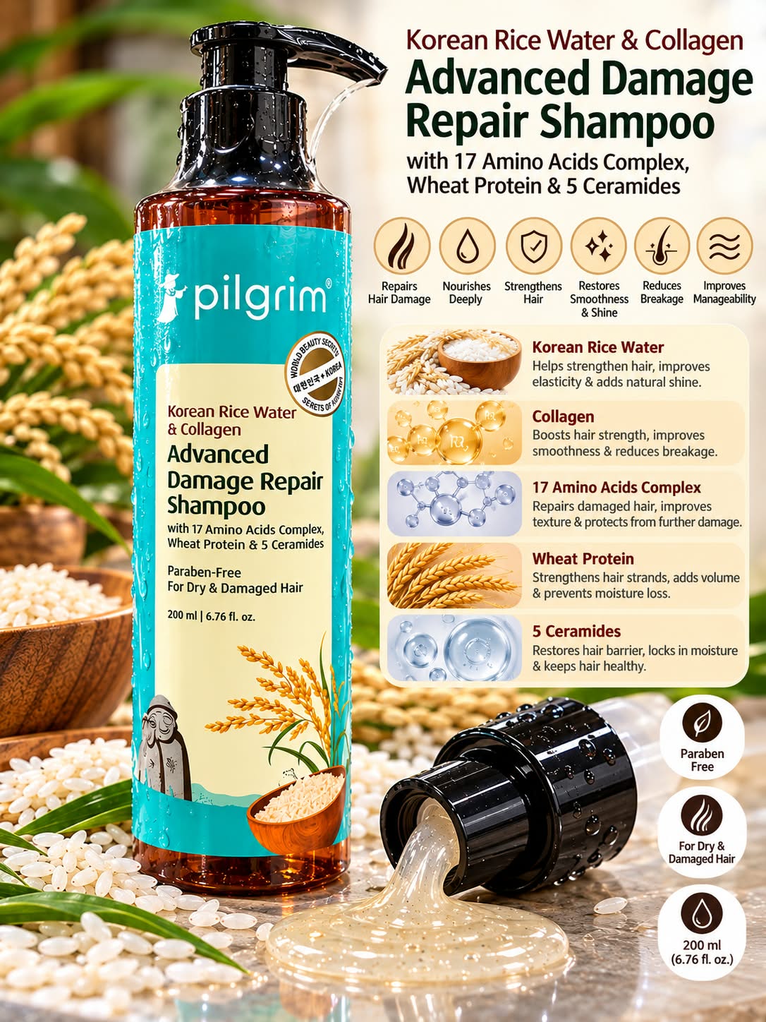 Pilgrim Korean Rice Water & Collagen Advanced Damage Repair Shampoo..200ml