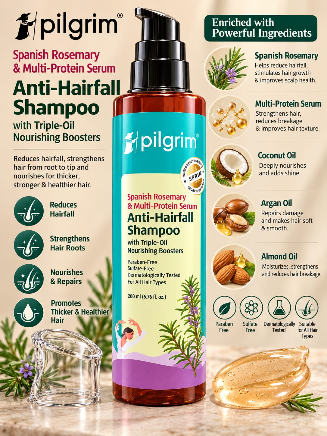 Pilgrim  Spanish Rosemary & Multi - Protein Serum Anti-Hairfall  Shampoo...200ML