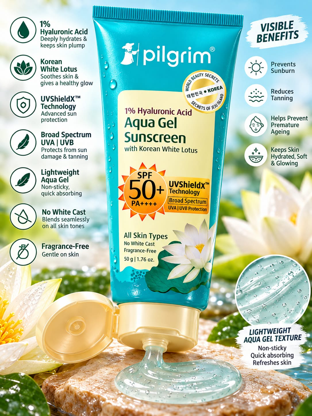Pilgrim Aqua Gel Sunscreen with Korean White Lotus SPF 50+ PA++++ 50G