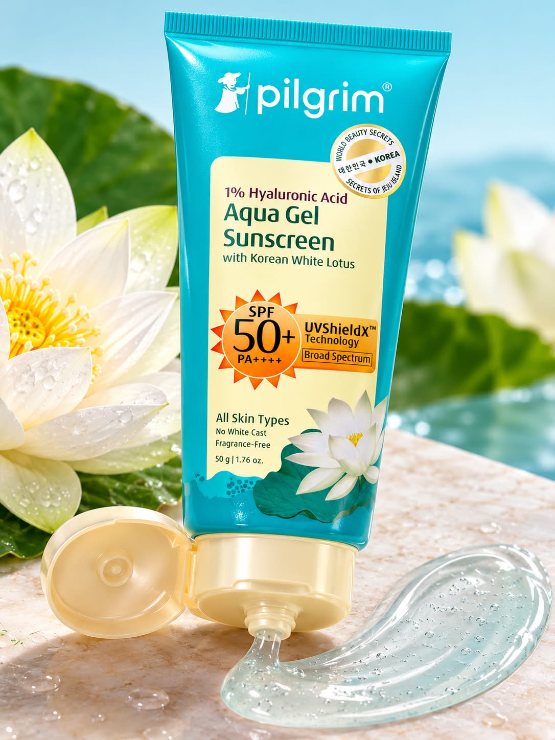 Pilgrim Aqua Gel Sunscreen with Korean White Lotus SPF 50+ PA++++ 50G