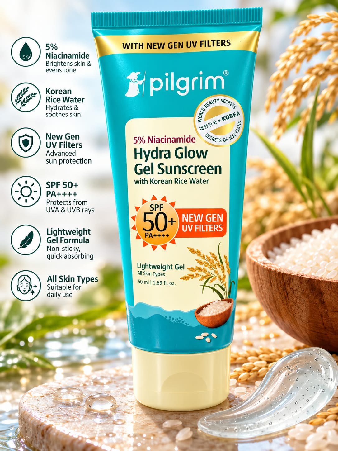 Pilgrim Hydra Glow Gel Sunscreen SPF 50+PA++++ New Gen UV Filters 50 ml
