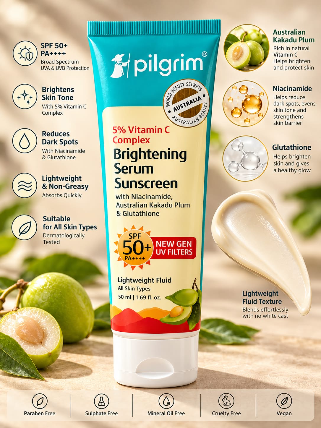 Pilgrim 5% Vitamin C Complex Brightening Serum Sunscreen SPF 50+ PA++++ New Gen UV Filters 50 ml