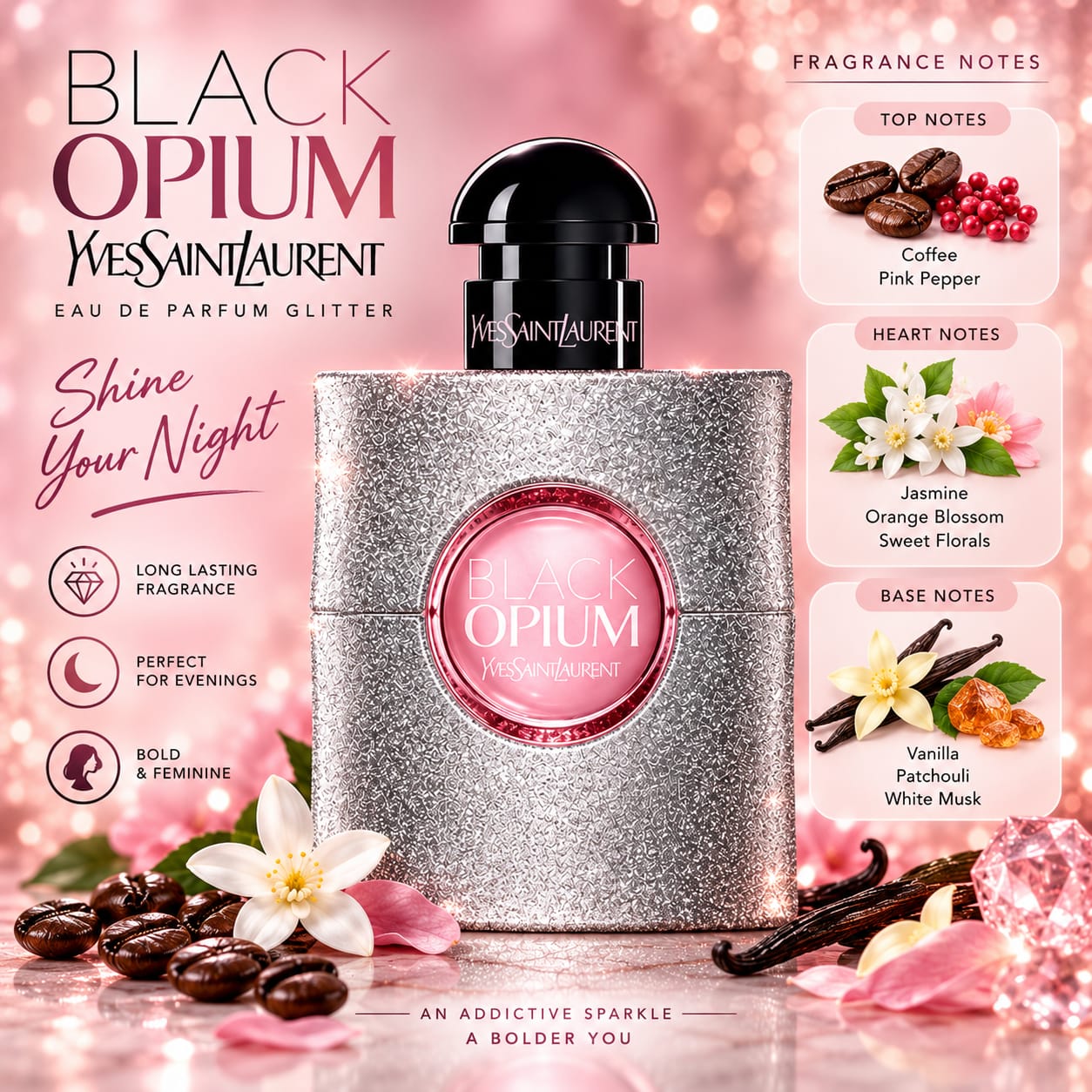 Yves Saint Laurent Black Opium Perfume For Women EDP Glitter 90ml