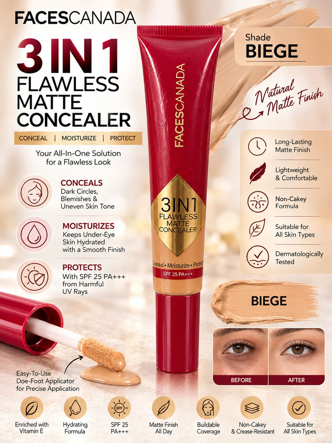 Faces Canada 3 in 1 Flawless Matte  Concealer  (Conceal +  Moisturize + Blur)