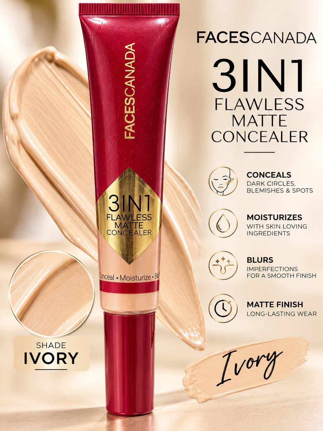 Faces Canada 3 in 1 Flawless Matte  Concealer  (Conceal +  Moisturize + Blur)
