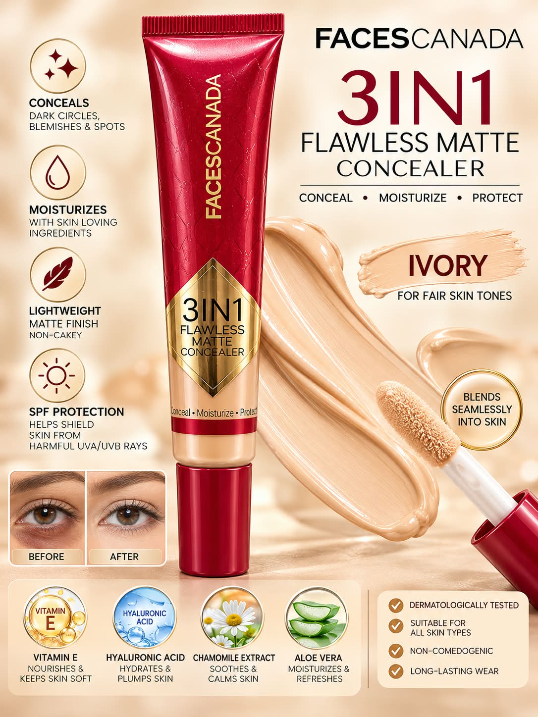 Faces Canada 3 in 1 Flawless Matte  Concealer  (Conceal +  Moisturize + Blur)