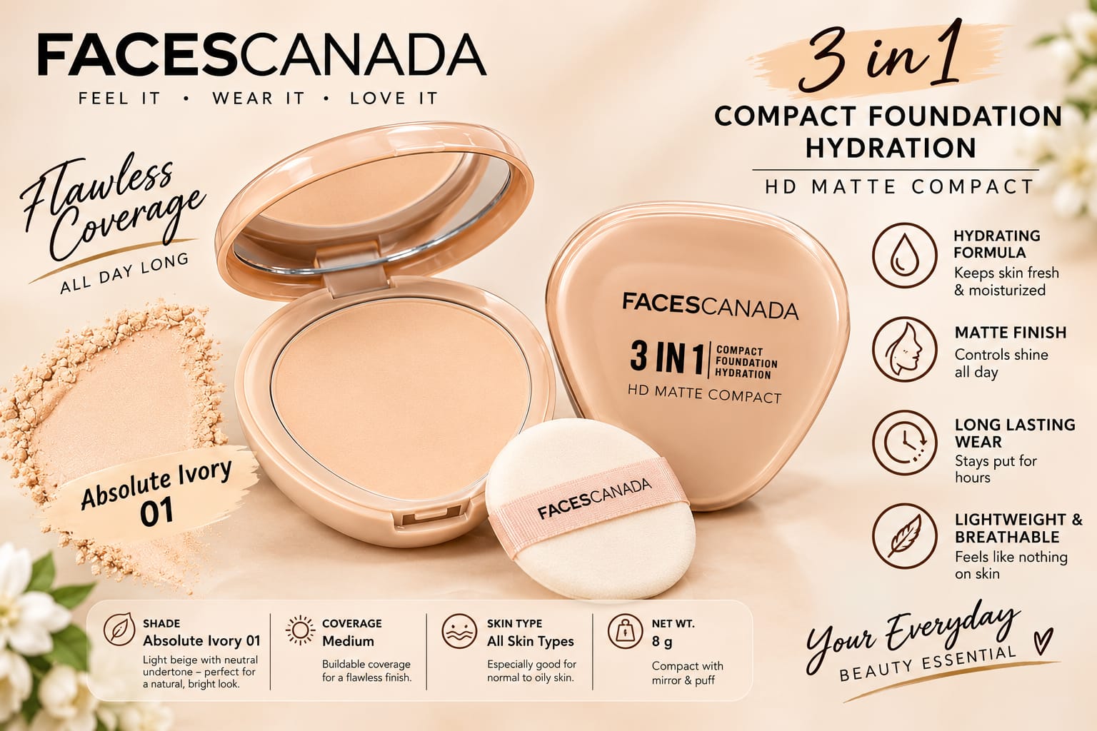 Faces Canada 3 in 1 HD Matte Compact  ( Compact + Foundation + Hydration )