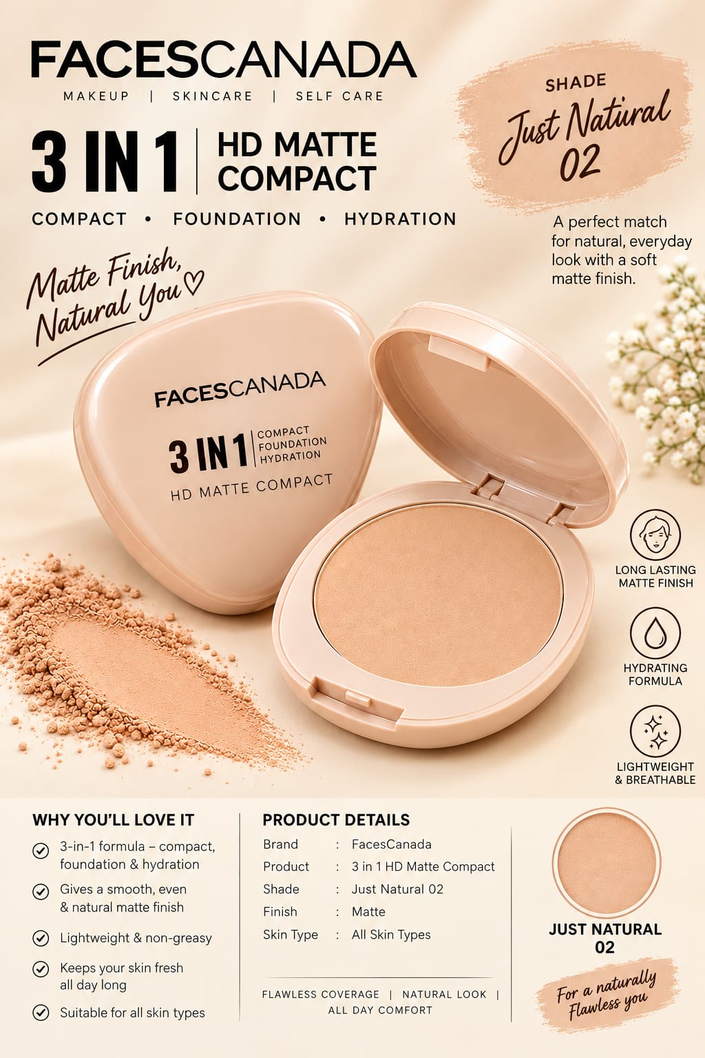 Faces Canada 3 in 1 HD Matte Compact  ( Compact + Foundation + Hydration )