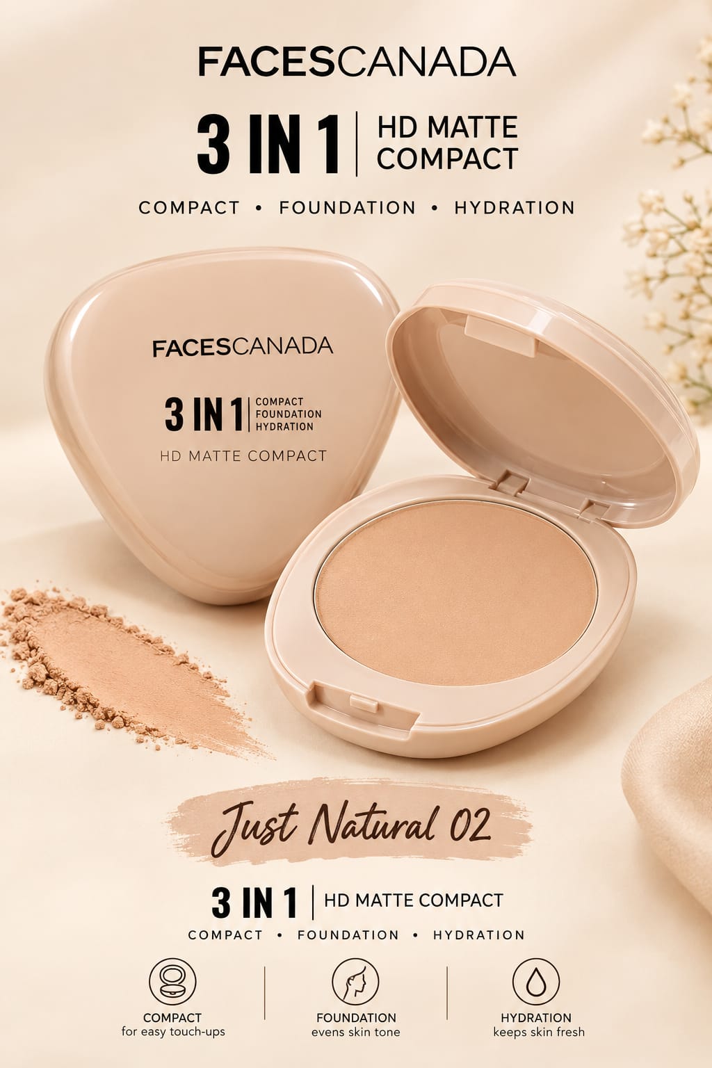 Faces Canada 3 in 1 HD Matte Compact  ( Compact + Foundation + Hydration )