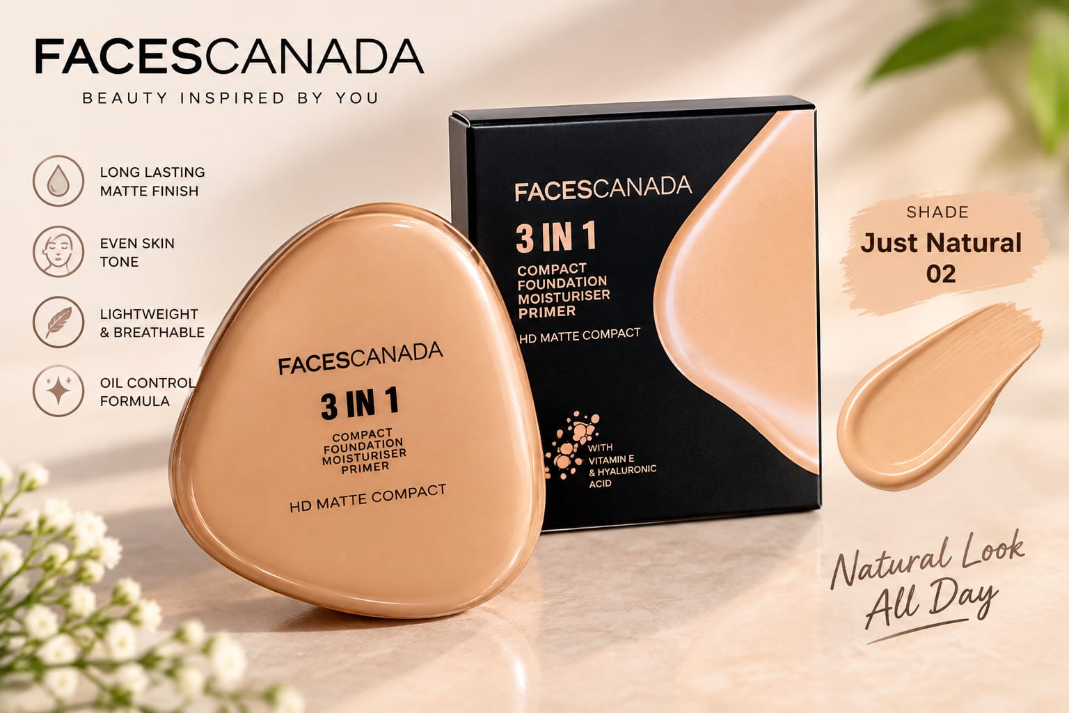 Faces Canada 3 in 1 HD Matte Compact  ( Compact + Foundation + Hydration )