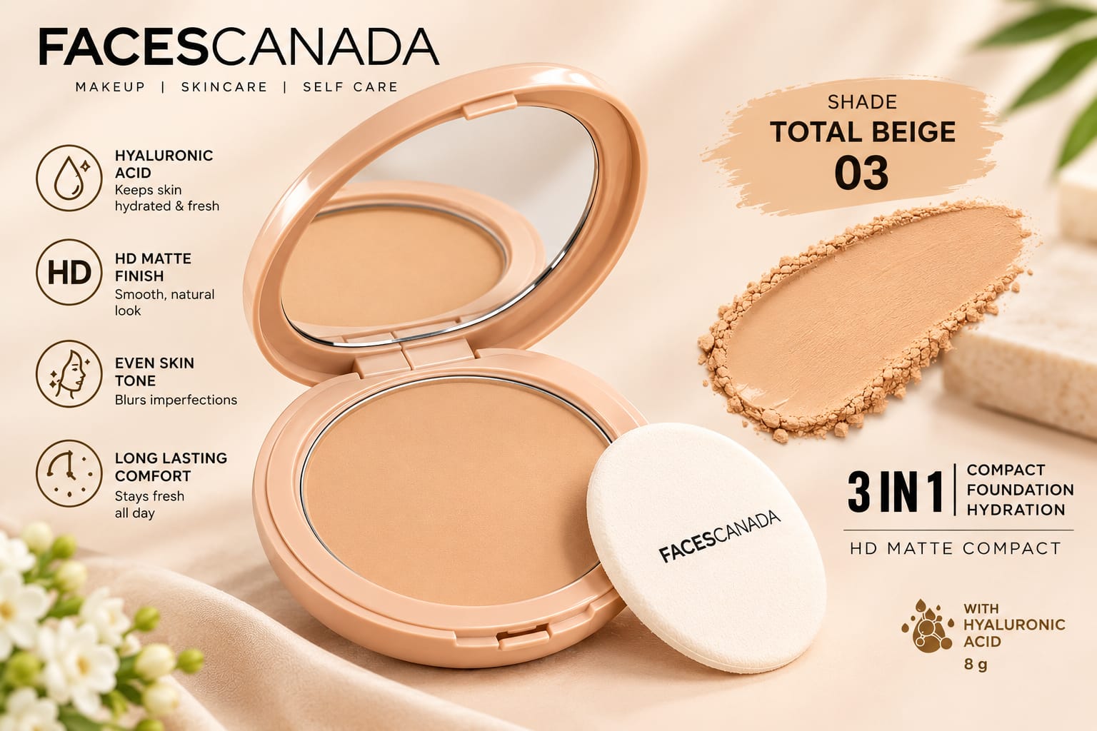 Faces Canada 3 in 1 HD Matte Compact  ( Compact + Foundation + Hydration )
