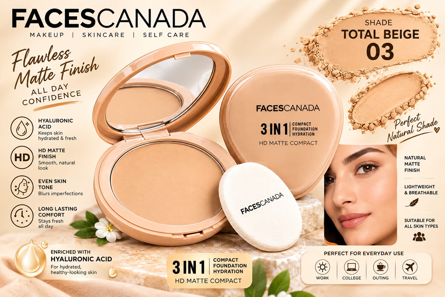 Faces Canada 3 in 1 HD Matte Compact  ( Compact + Foundation + Hydration )
