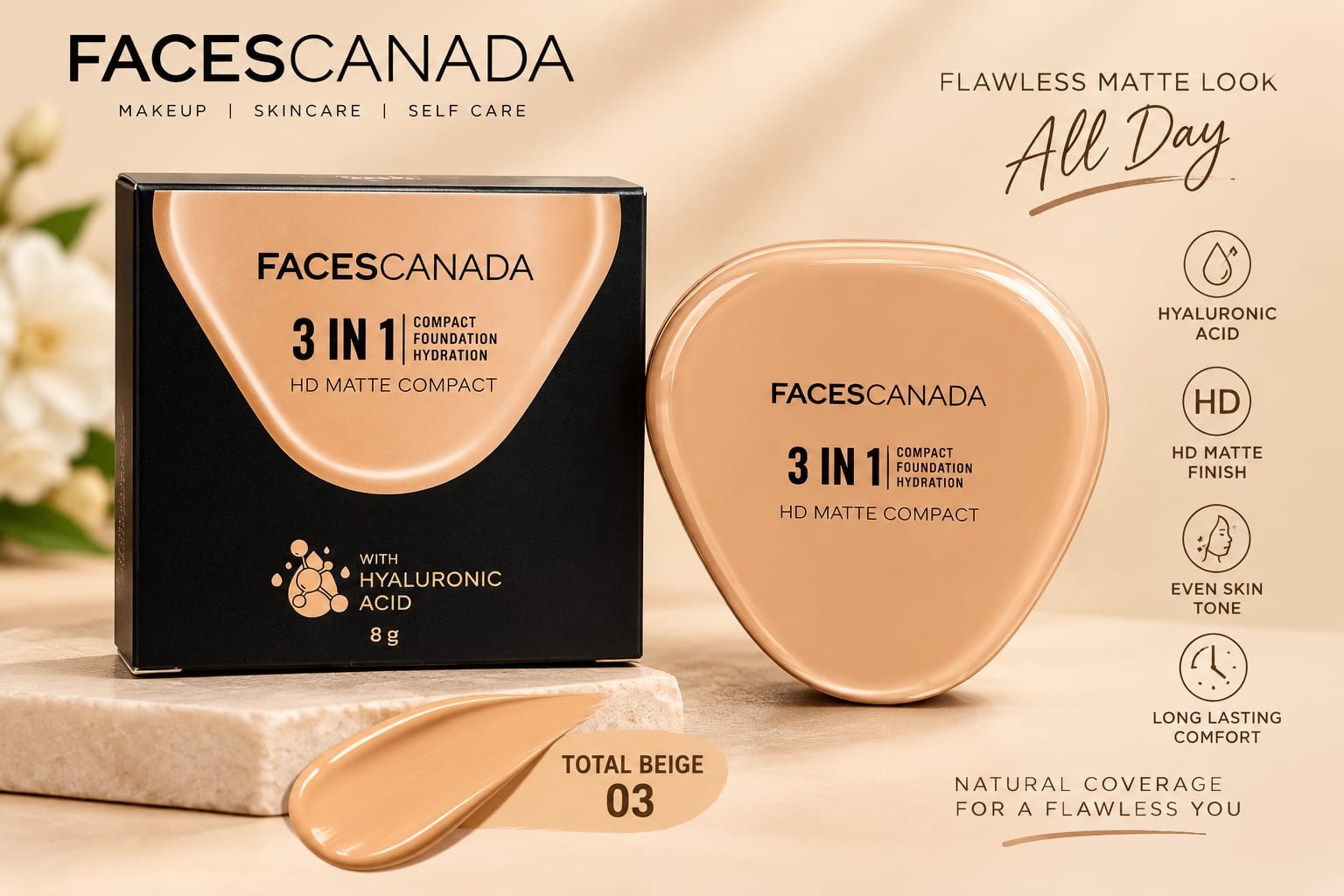 Faces Canada 3 in 1 HD Matte Compact  ( Compact + Foundation + Hydration )