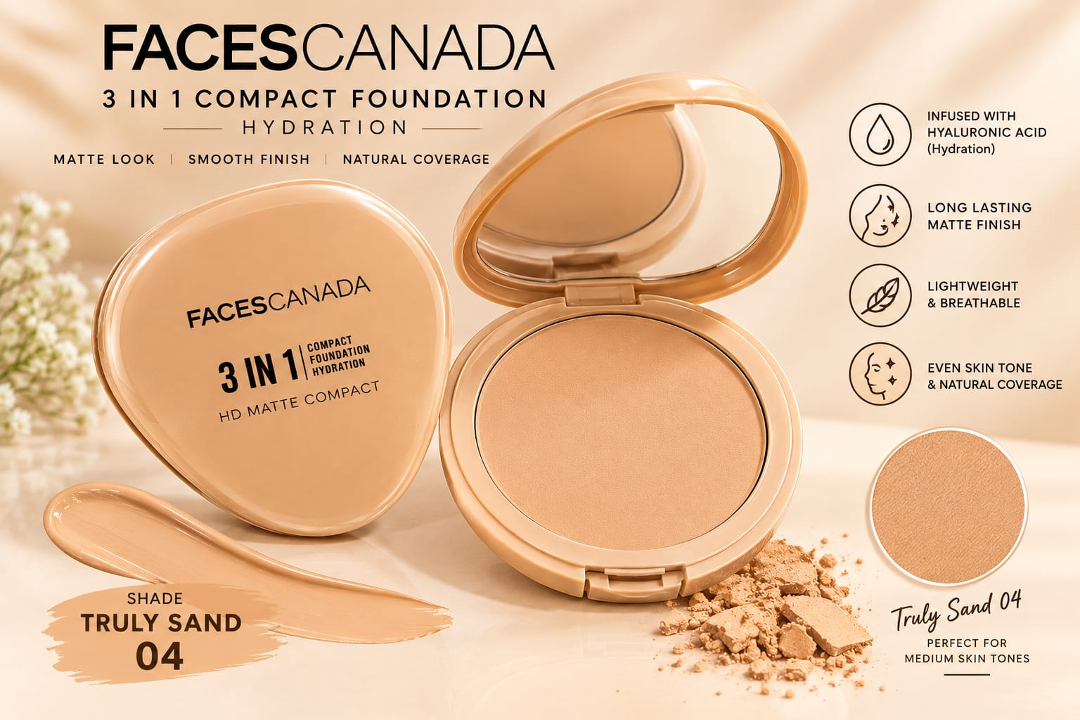 Faces Canada 3 in 1 HD Matte Compact  ( Compact + Foundation + Hydration )