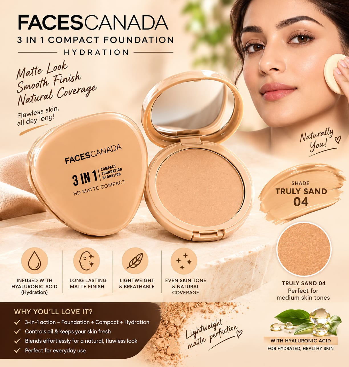 Faces Canada 3 in 1 HD Matte Compact  ( Compact + Foundation + Hydration )