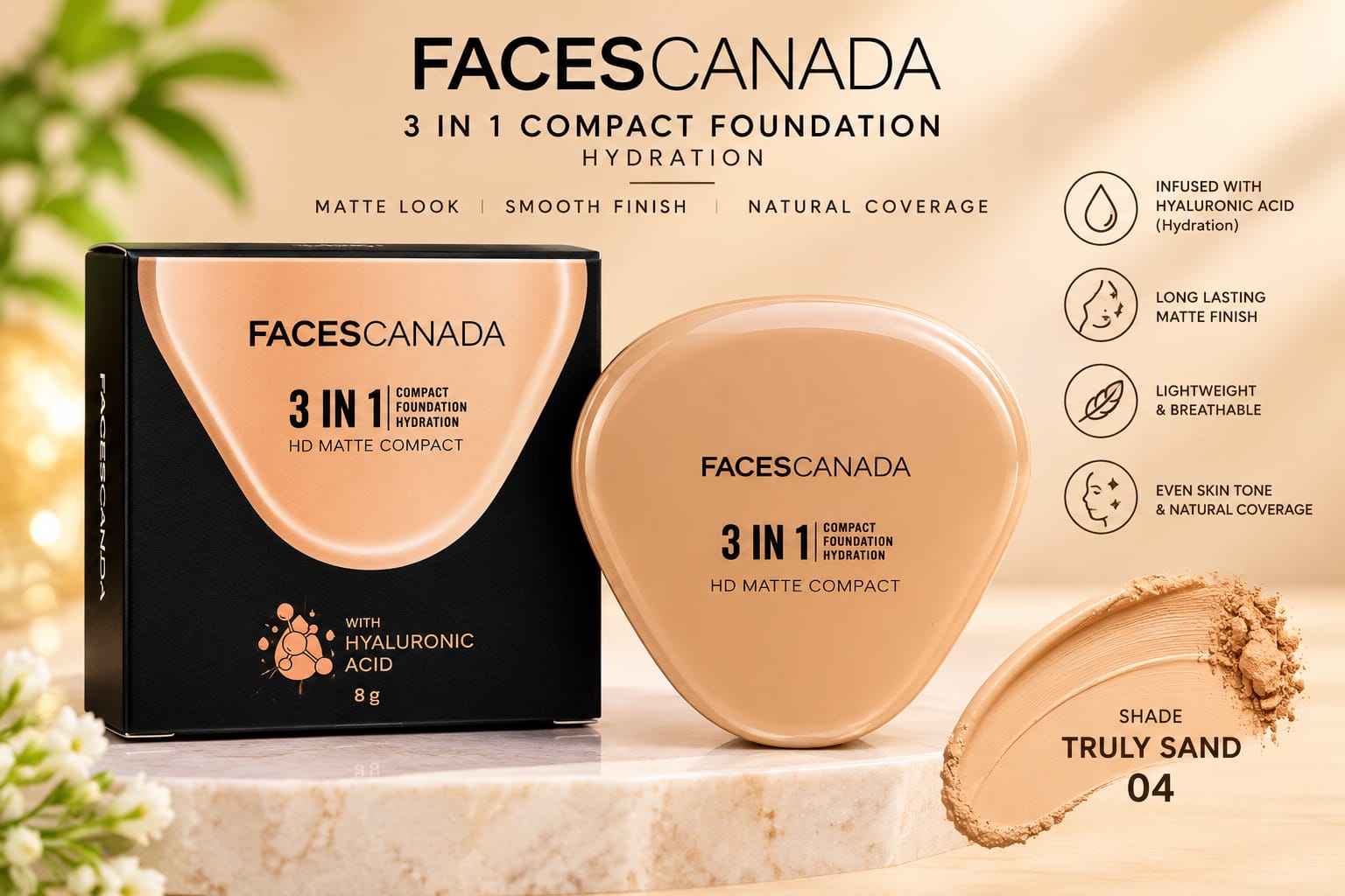 Faces Canada 3 in 1 HD Matte Compact  ( Compact + Foundation + Hydration )