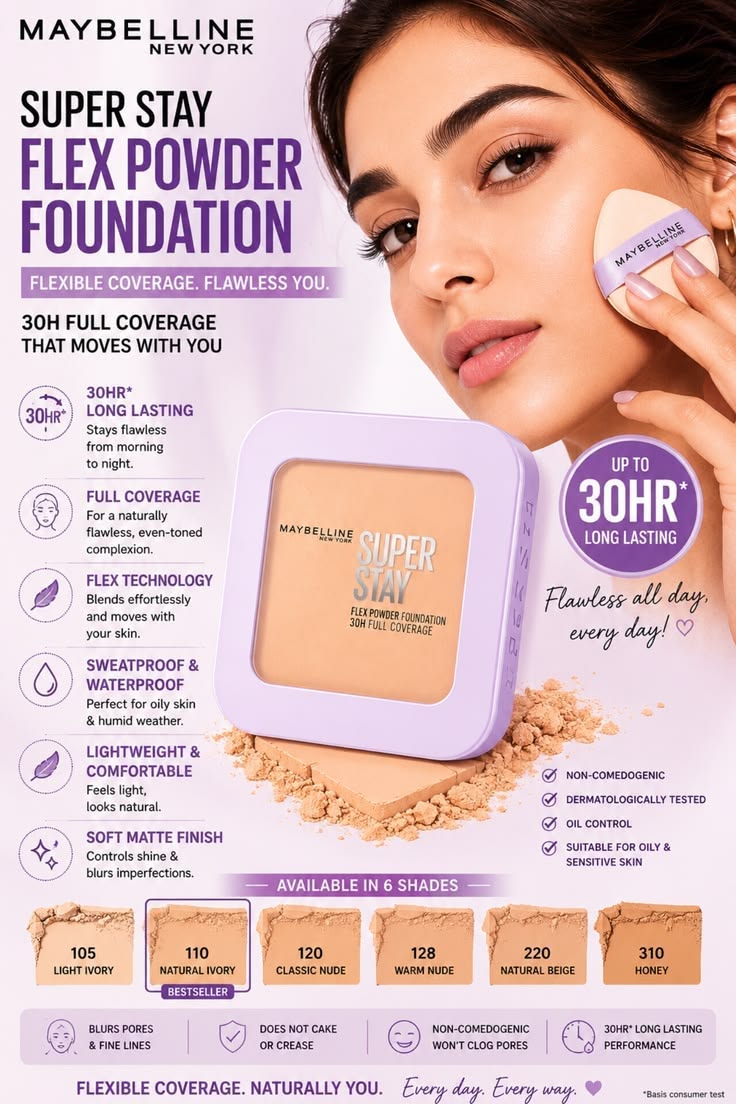 Maybelline New York Super Stay Flex Powder Foundation Compact, 120, Full Coverage, 30H Full Coverage, Perfect for Oily Skin, Waterproof & Sweatproof, 9g