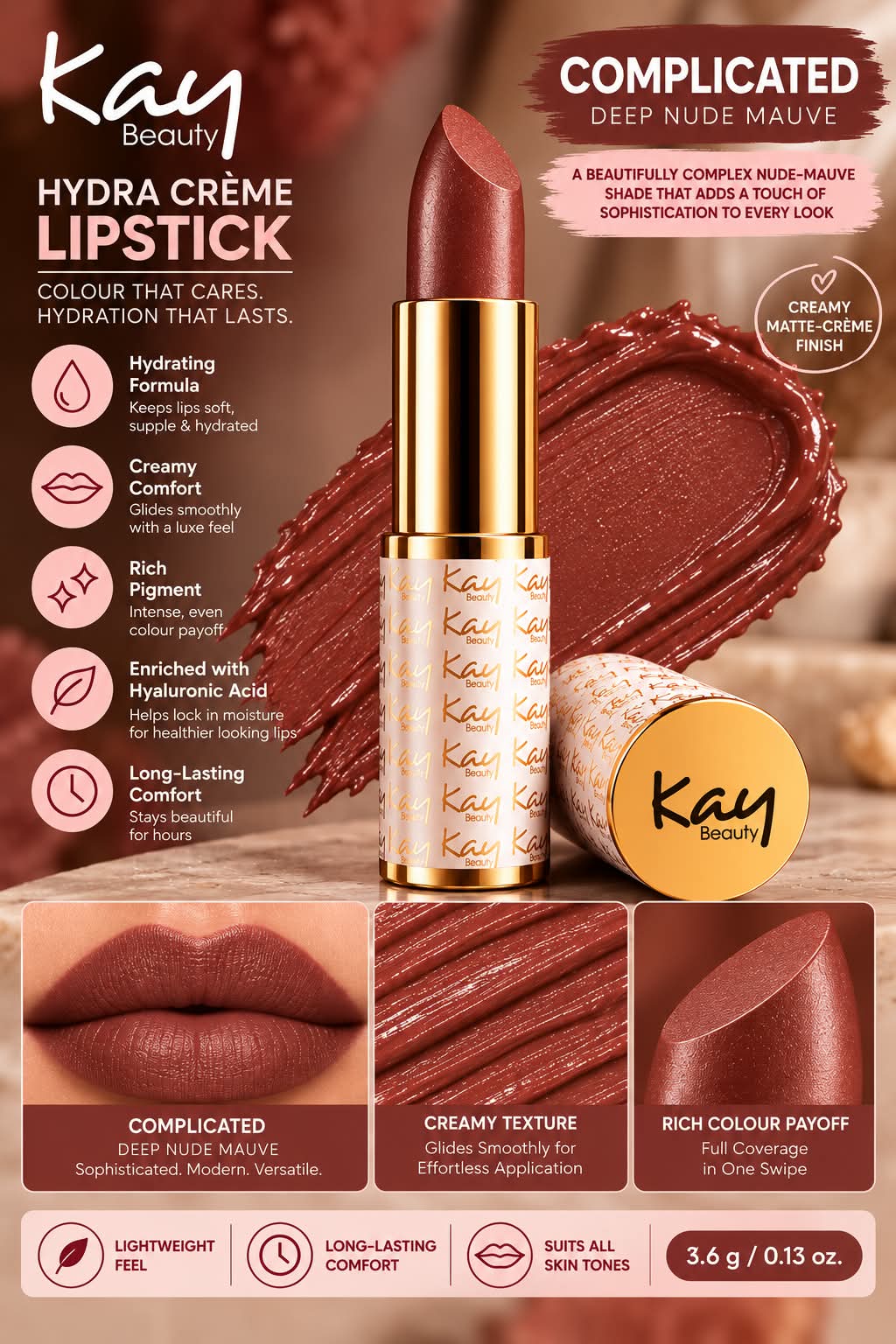 Kay Beauty Hydra Creme Serum Lipstick -Rich Color & Hyaluronic Acid for Deep Hydration