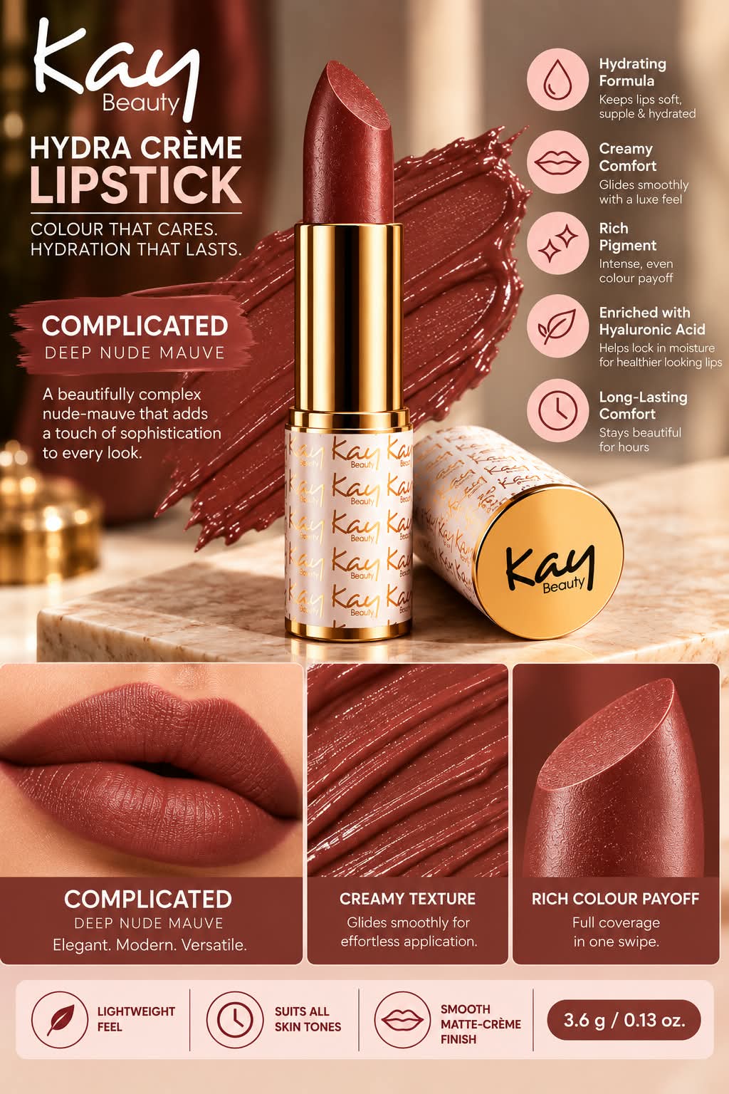 Kay Beauty Hydra Creme Serum Lipstick -Rich Color & Hyaluronic Acid for Deep Hydration