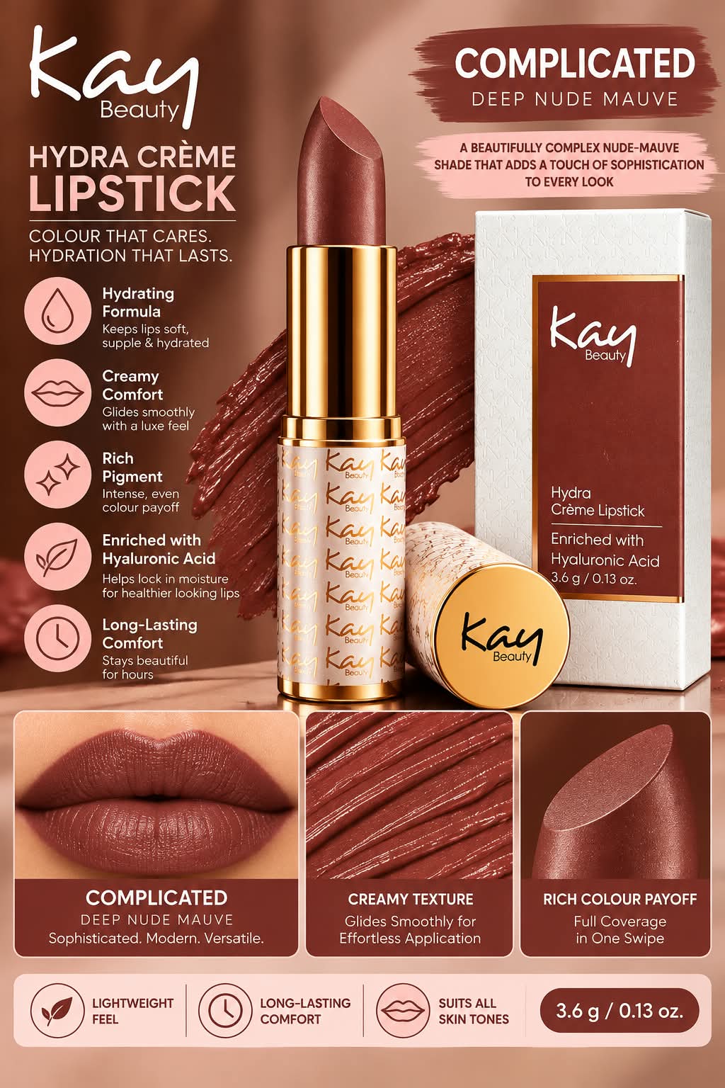 Kay Beauty Hydra Creme Serum Lipstick -Rich Color & Hyaluronic Acid for Deep Hydration