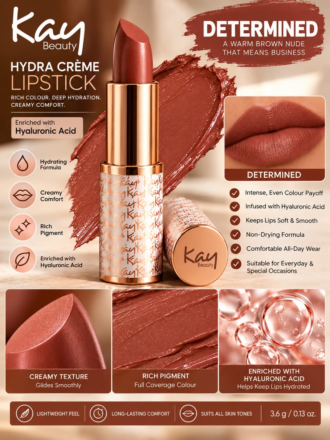 Kay Beauty Hydra Creme Serum Lipstick -Rich Color & Hyaluronic Acid for Deep Hydration