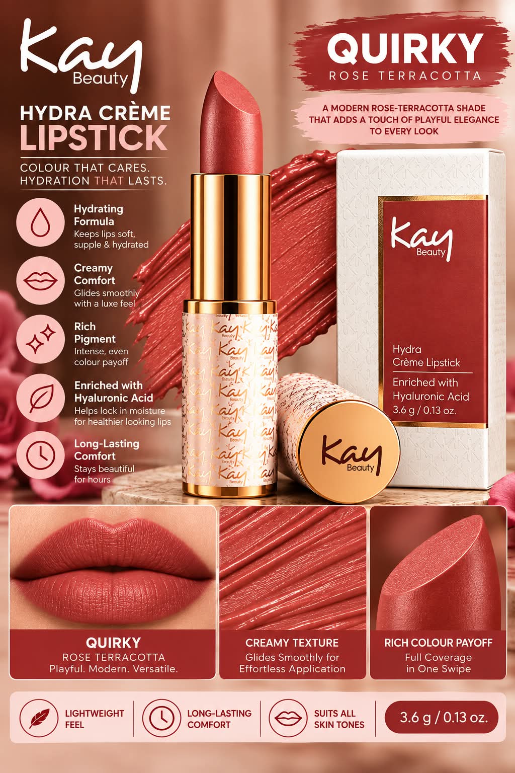 Kay Beauty Hydra Creme Serum Lipstick -Rich Color & Hyaluronic Acid for Deep Hydration