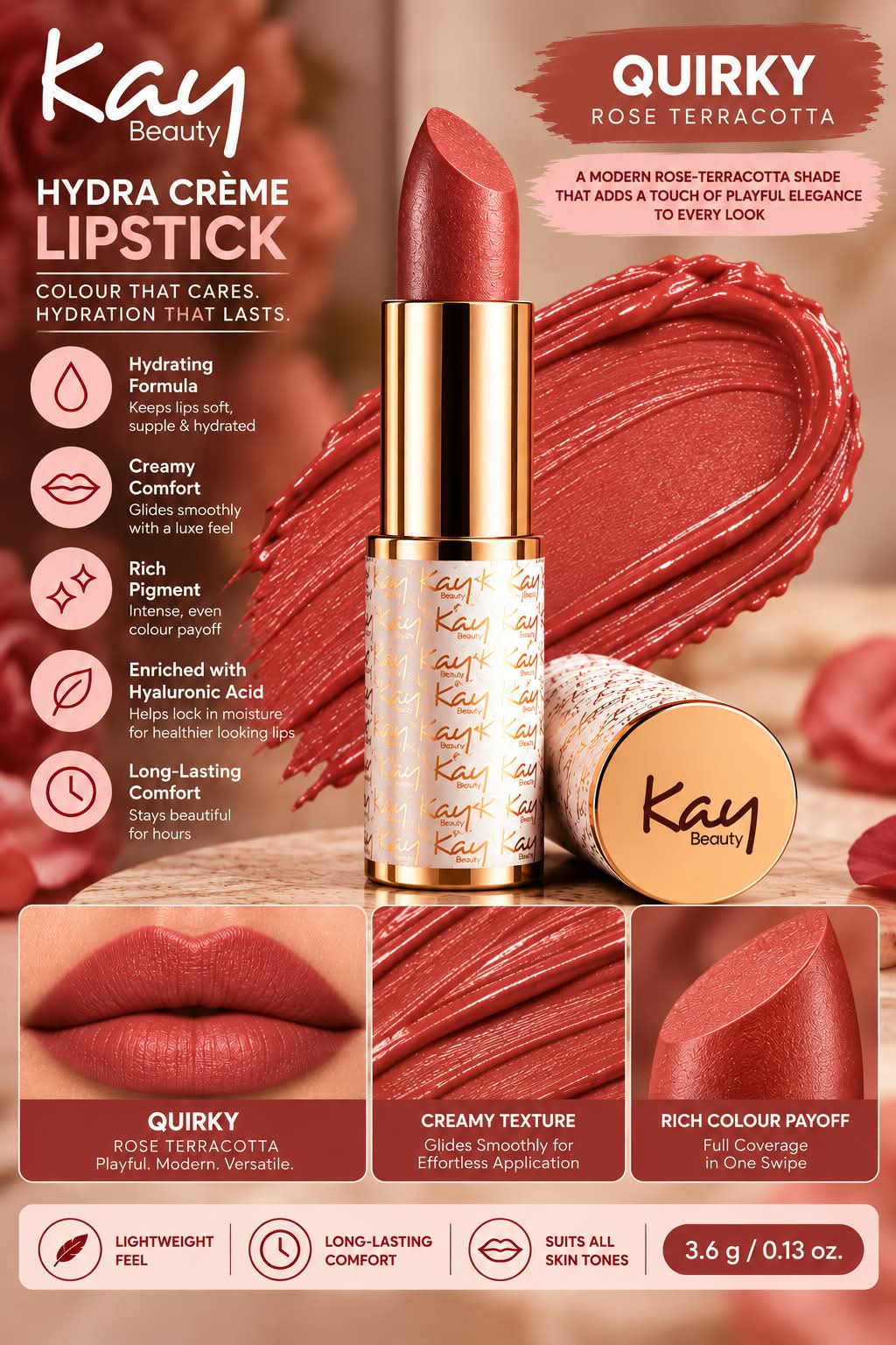Kay Beauty Hydra Creme Serum Lipstick -Rich Color & Hyaluronic Acid for Deep Hydration