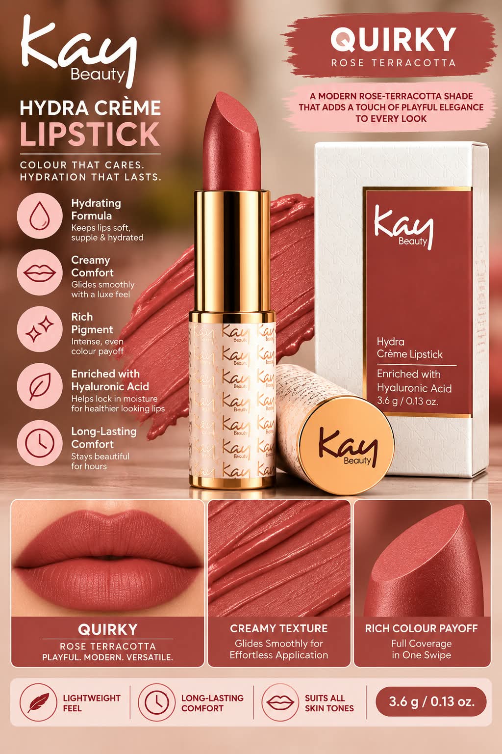 Kay Beauty Hydra Creme Serum Lipstick -Rich Color & Hyaluronic Acid for Deep Hydration