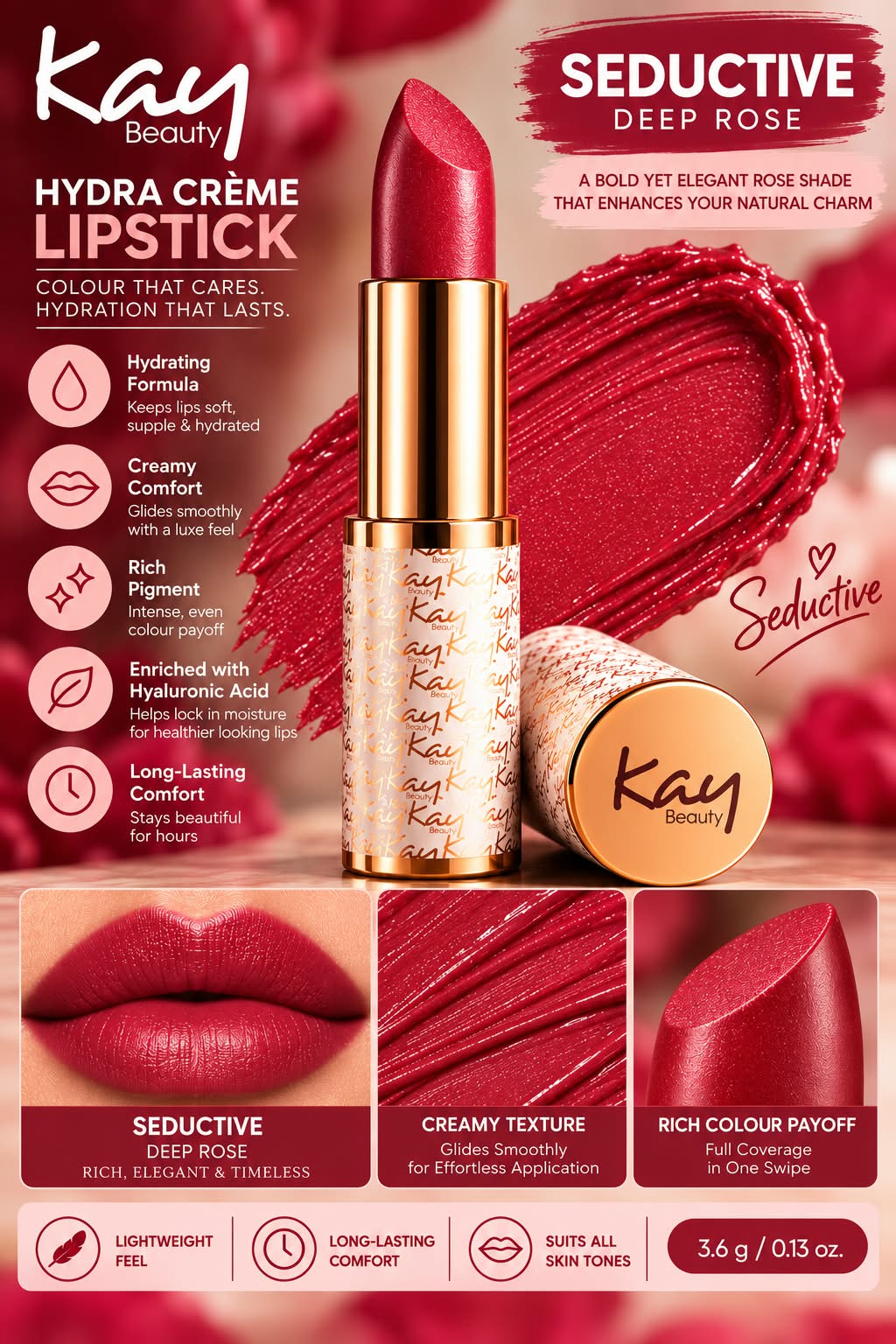 Kay Beauty Hydra Creme Serum Lipstick -Rich Color & Hyaluronic Acid for Deep Hydration