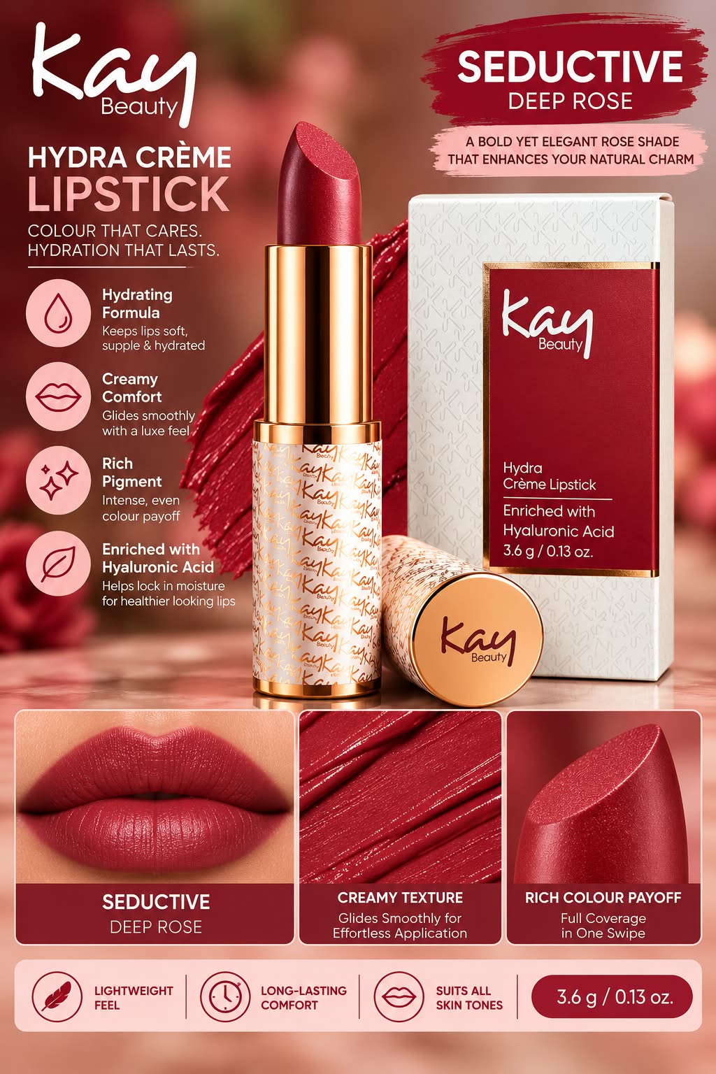 Kay Beauty Hydra Creme Serum Lipstick -Rich Color & Hyaluronic Acid for Deep Hydration