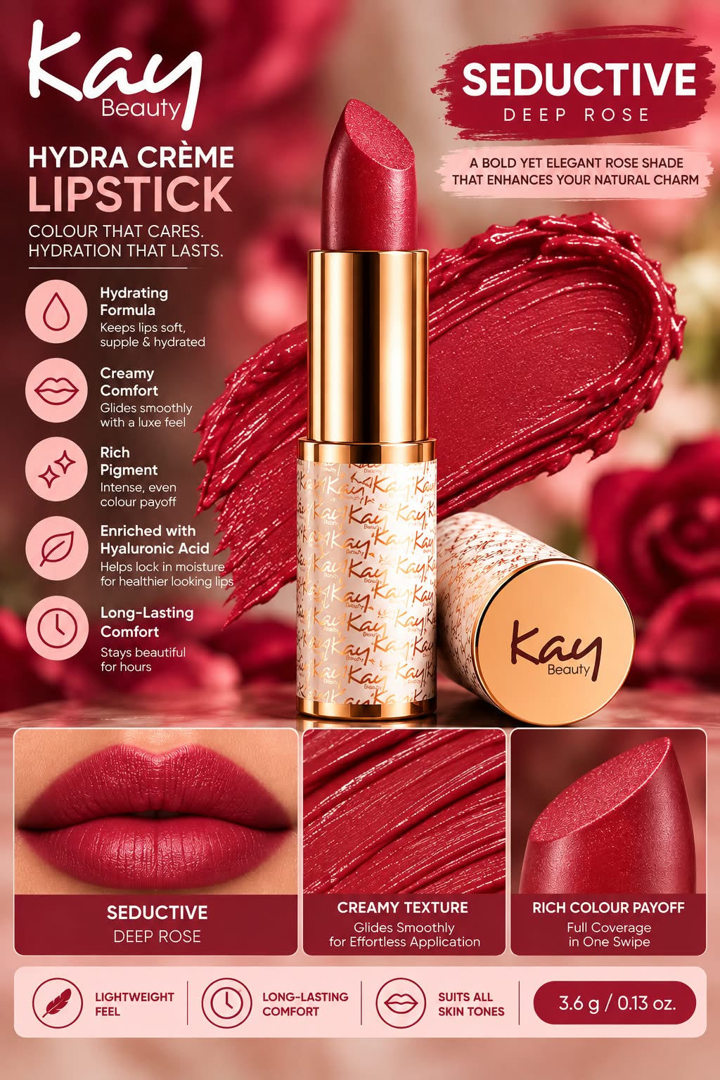 Kay Beauty Hydra Creme Serum Lipstick -Rich Color & Hyaluronic Acid for Deep Hydration