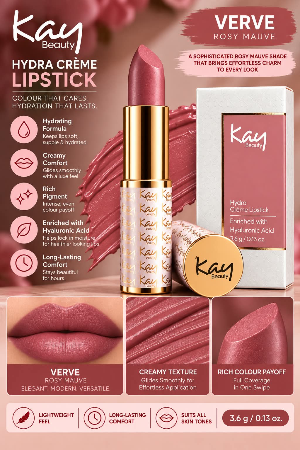 Kay Beauty Hydra Creme Serum Lipstick -Rich Color & Hyaluronic Acid for Deep Hydration