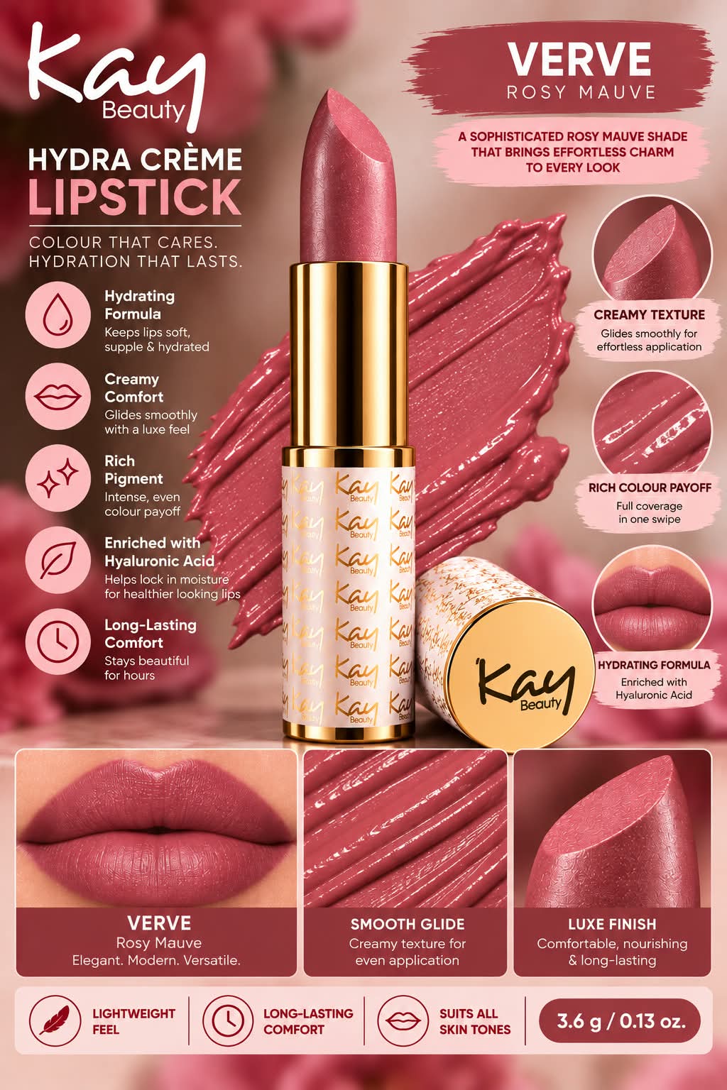 Kay Beauty Hydra Creme Serum Lipstick -Rich Color & Hyaluronic Acid for Deep Hydration