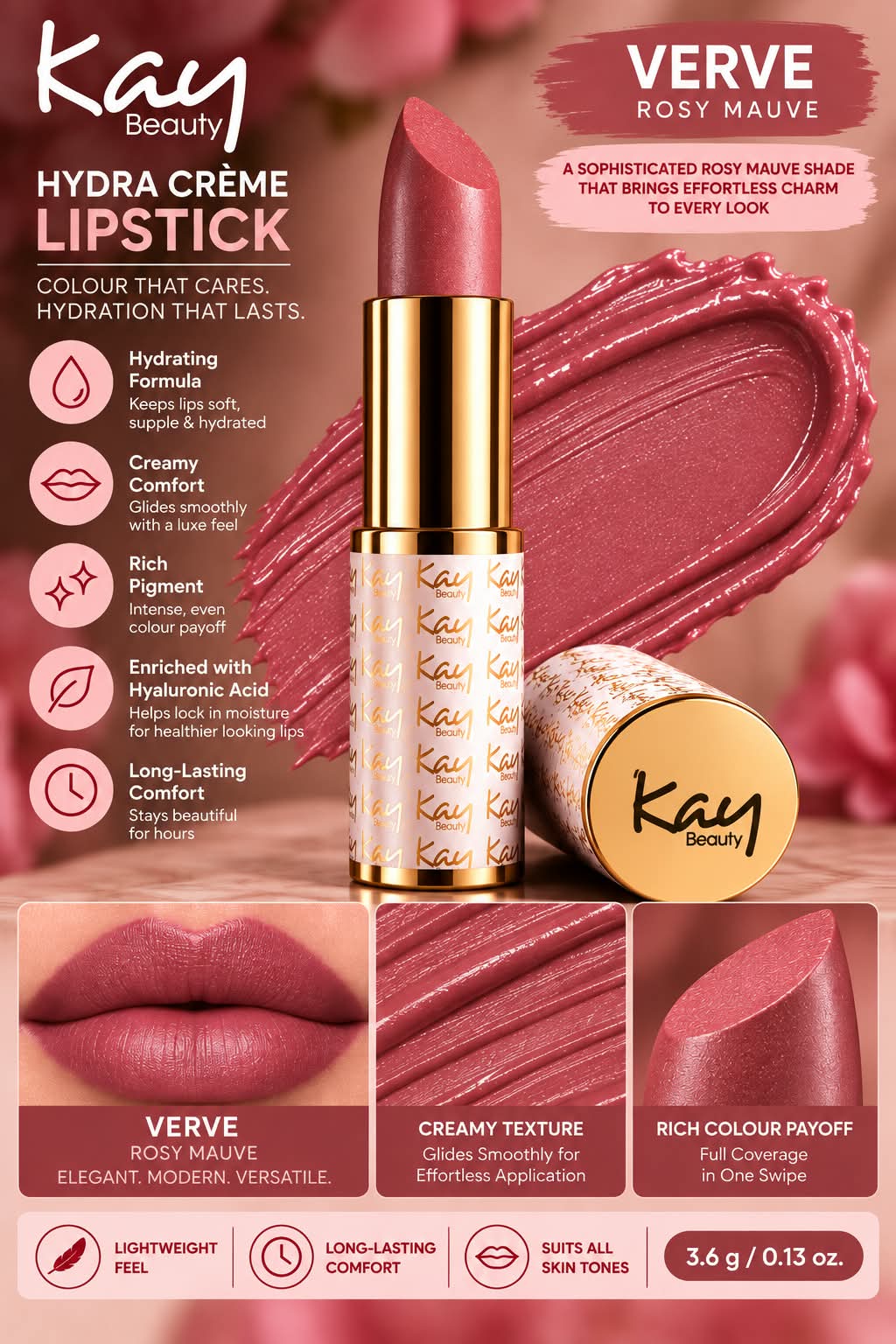 Kay Beauty Hydra Creme Serum Lipstick -Rich Color & Hyaluronic Acid for Deep Hydration