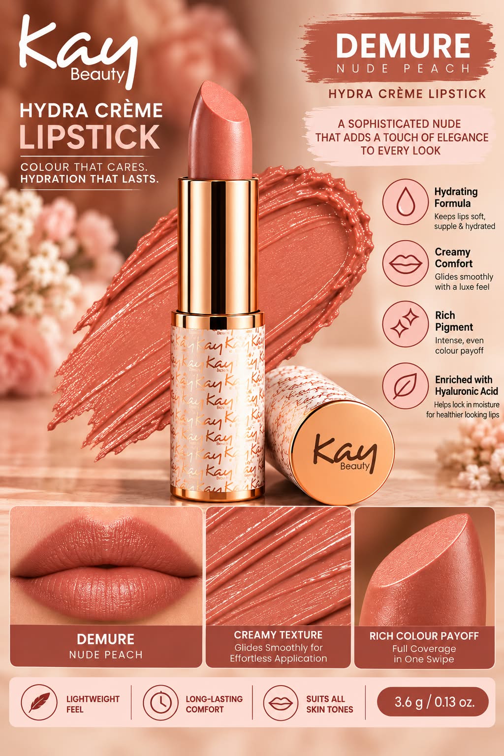 Kay Beauty Hydra Creme Serum Lipstick -Rich Color & Hyaluronic Acid for Deep Hydration