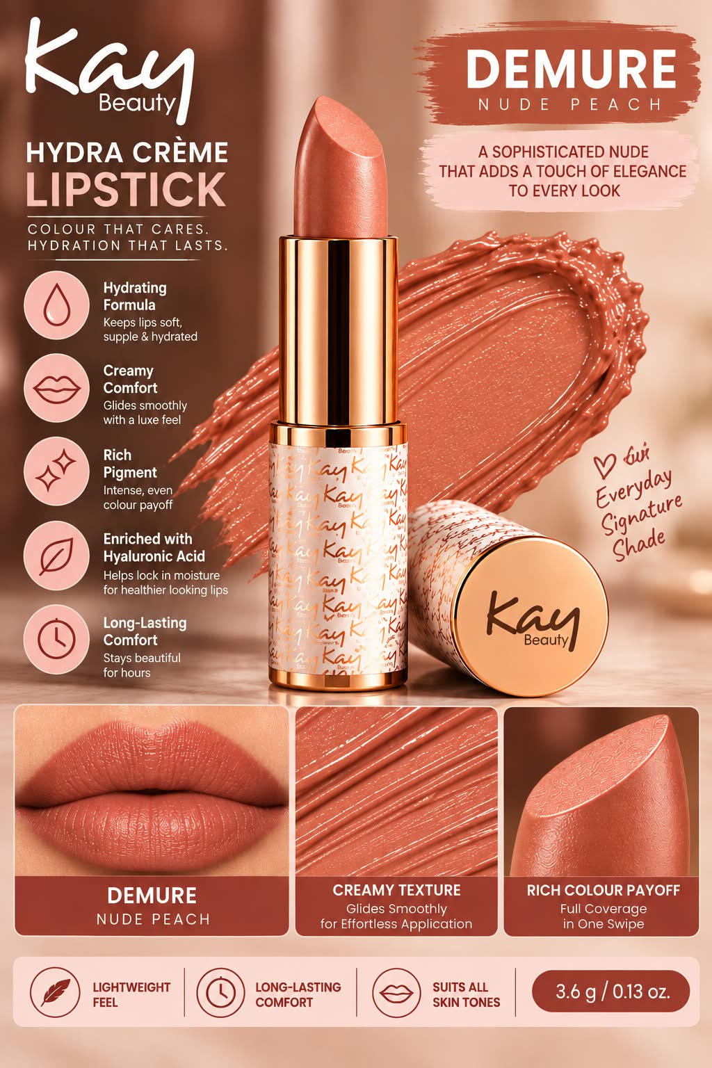 Kay Beauty Hydra Creme Serum Lipstick -Rich Color & Hyaluronic Acid for Deep Hydration