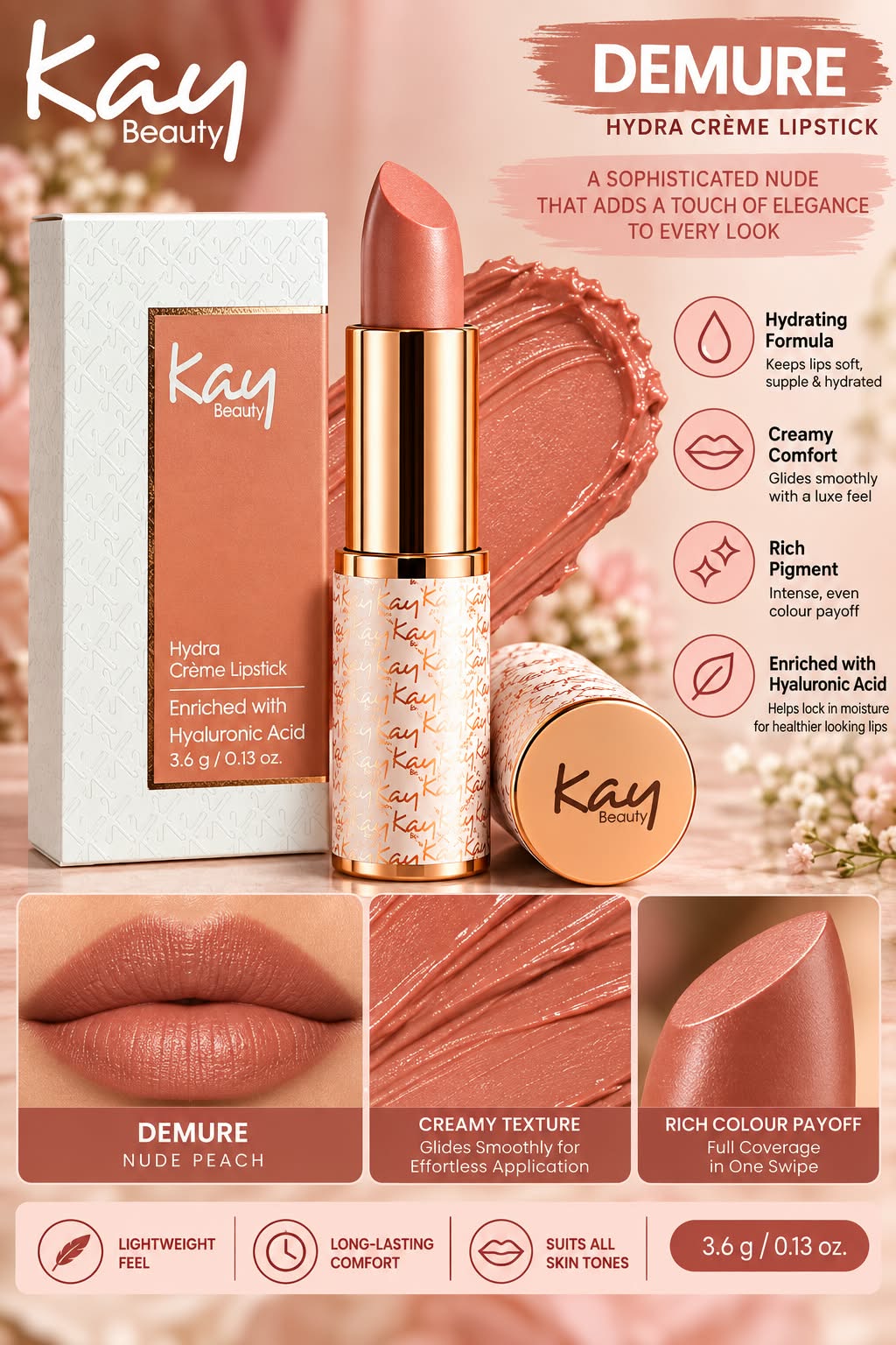 Kay Beauty Hydra Creme Serum Lipstick -Rich Color & Hyaluronic Acid for Deep Hydration