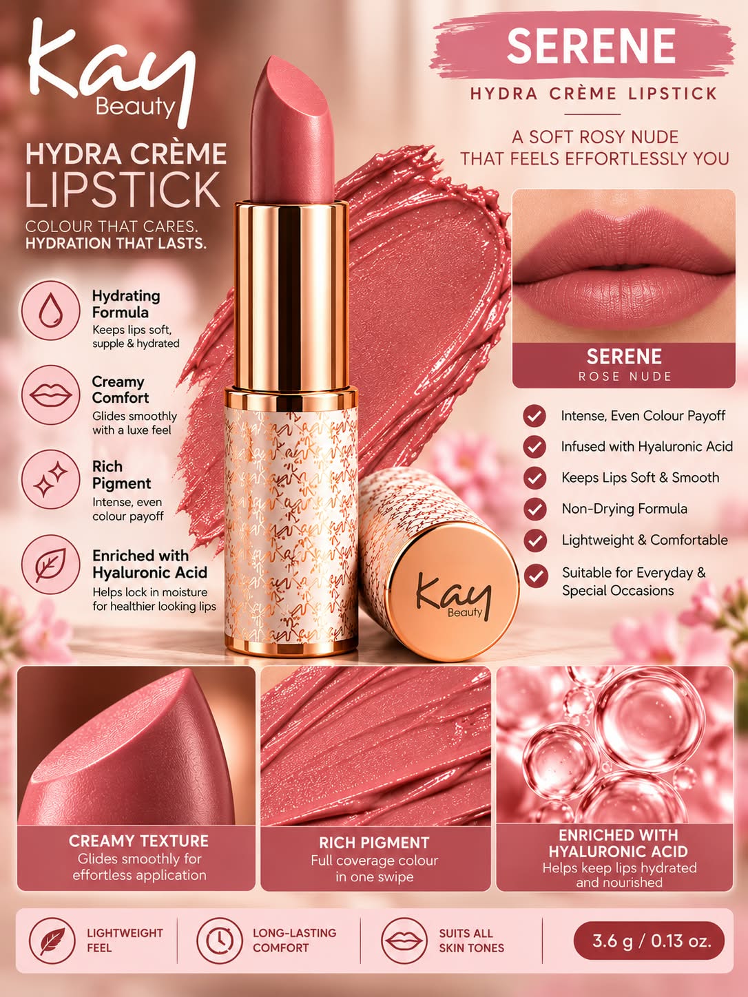 Kay Beauty Hydra Creme Serum Lipstick -Rich Color & Hyaluronic Acid for Deep Hydration